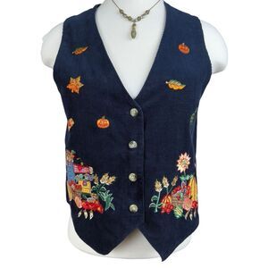 Victoria Jones Petites Fall Harvest Embroidered Corduroy Vest Pumpkins Scarecrow